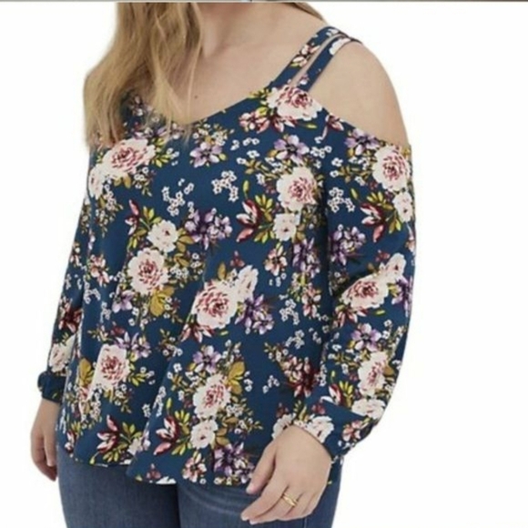Torrid Floral Long Sleeve Double Strap Cold Shoulder Teal Top Size 1 - Picture 1 of 6